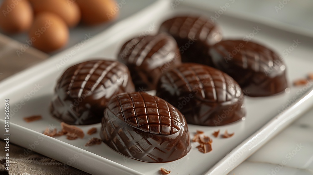 Russian kartoshka chocolate biscuit truffles shaped like potatoes placed clean white tray Russian kartoshka chocolate biscuit truffles shaped like potatoes placed clean white tray