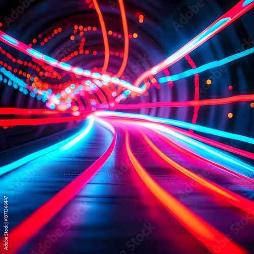 Colorful lines swirl through a dark tunnel, creating a mesmerizing display of luminescence. Bright blues and reds intertwine, evoking a sense of motion and energy in an abstract world Generative AI