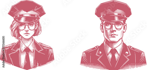 Set of Police Officer in Classic Uniform & Hat with Glasses - Detailed Engraving Design for Custom Artwork police officer, smiling man, glasses, uniform, law enforcement, security, badge, detective