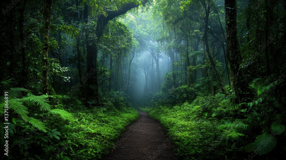 Obraz premium A serene forest path shrouded in mist, surrounded by lush greenery and towering trees, inviting exploration and connection with nature.