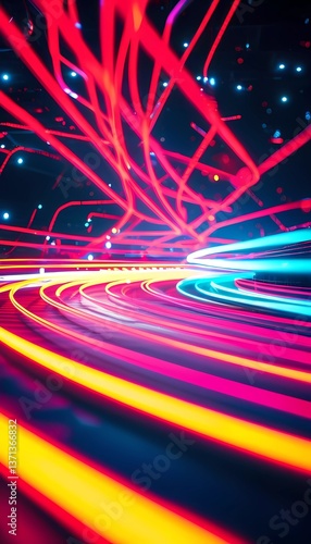 Vibrant waves of luminescent lines interact in a mesmerizing flow, creating an abstract display of energy and movement set against a deep night sky. Elements intertwine beautifully Generative AI