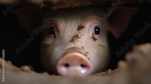 Close-up of a piglet peeking out from a dark enclosure.  A young pig with mud-caked face, large eyes, and a pink nose is looking directly at the camera, emerging from a rustic, earthy shelter