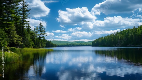 Lake and Forest Landscape with Clear Blue Sky / 澄み切った青空の湖と森の風景