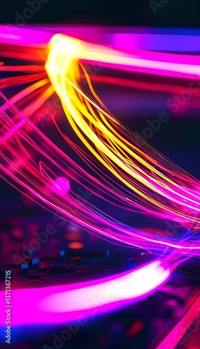 An enchanting interplay of bright luminescent lines creates dynamic waves that swirl and weave through a vibrant array of colors. The energy radiates an otherworldly beauty Generative AI