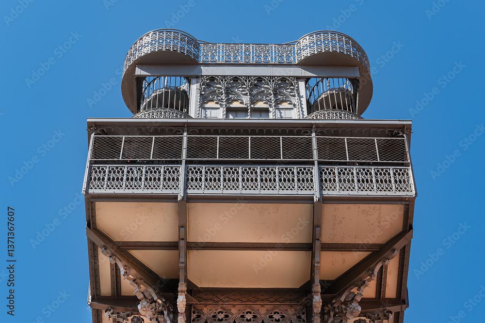 Architectural details of Santa Justa Lift (Elevador de Santa Justa) or Carmo Lift is an elevator, or lift in Lisbon historic city center. Lisbon, Portugal.