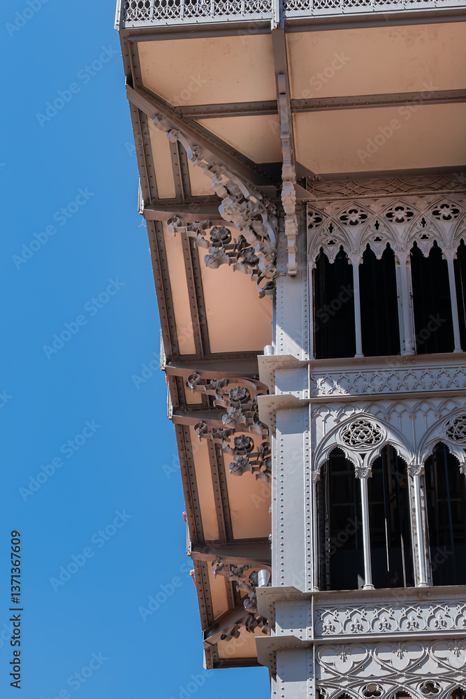 Architectural details of Santa Justa Lift (Elevador de Santa Justa) or Carmo Lift is an elevator, or lift in Lisbon historic city center. Lisbon, Portugal.