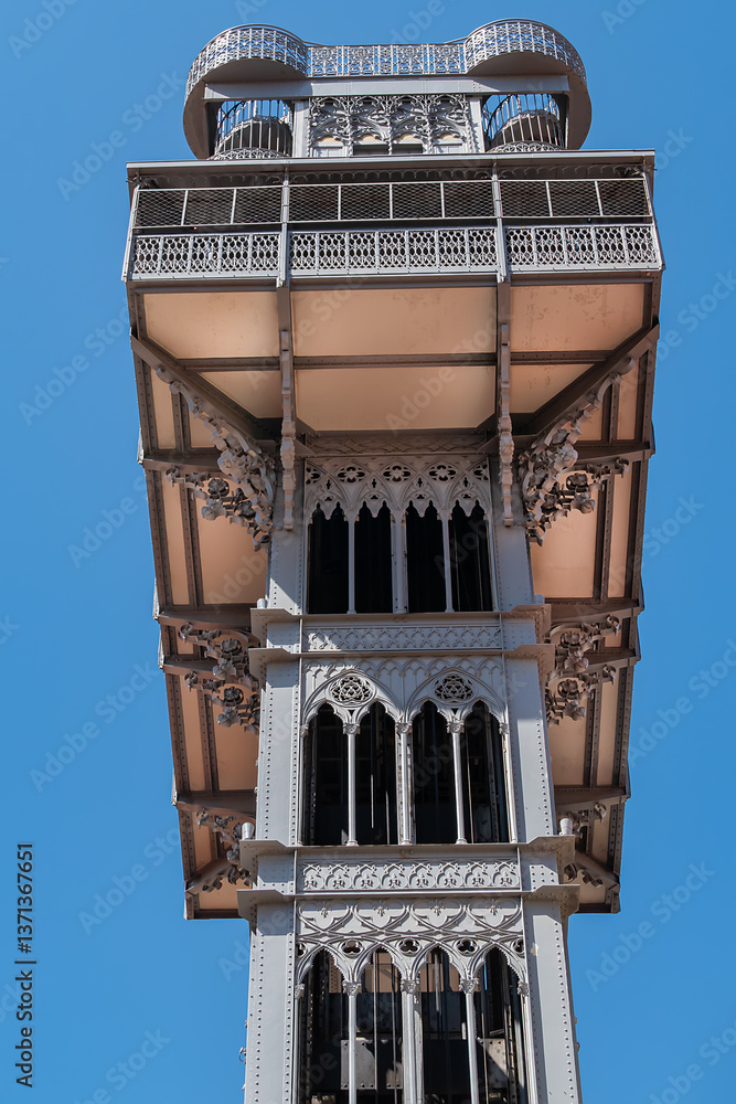 Architectural details of Santa Justa Lift (Elevador de Santa Justa) or Carmo Lift is an elevator, or lift in Lisbon historic city center. Lisbon, Portugal.