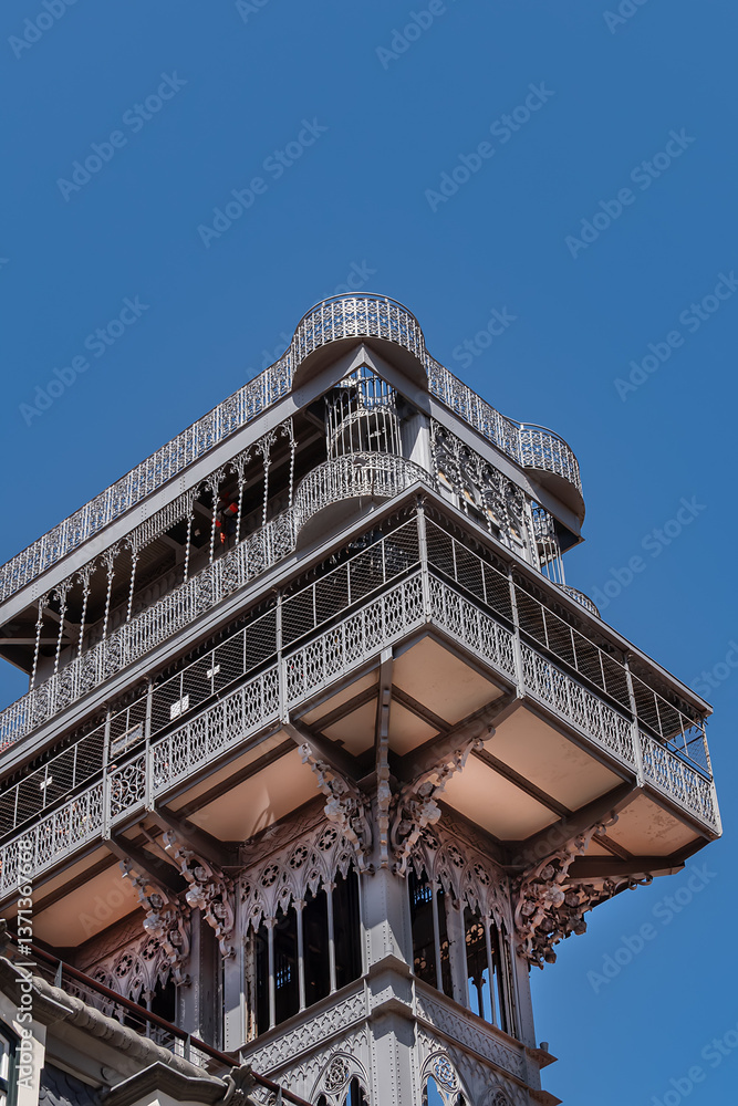 Architectural details of Santa Justa Lift (Elevador de Santa Justa) or Carmo Lift is an elevator, or lift in Lisbon historic city center. Lisbon, Portugal.