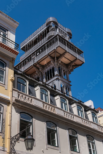 Obraz na płótnie Architectural details of Santa Justa Lift (Elevador de Santa Justa) or Carmo Lift is an elevator, or lift in Lisbon historic city center. Lisbon, Portugal. w salonie