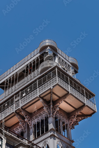 Architectural details of Santa Justa Lift (Elevador de Santa Justa) or Carmo Lift is an elevator, or lift in Lisbon historic city center. Lisbon, Portugal.