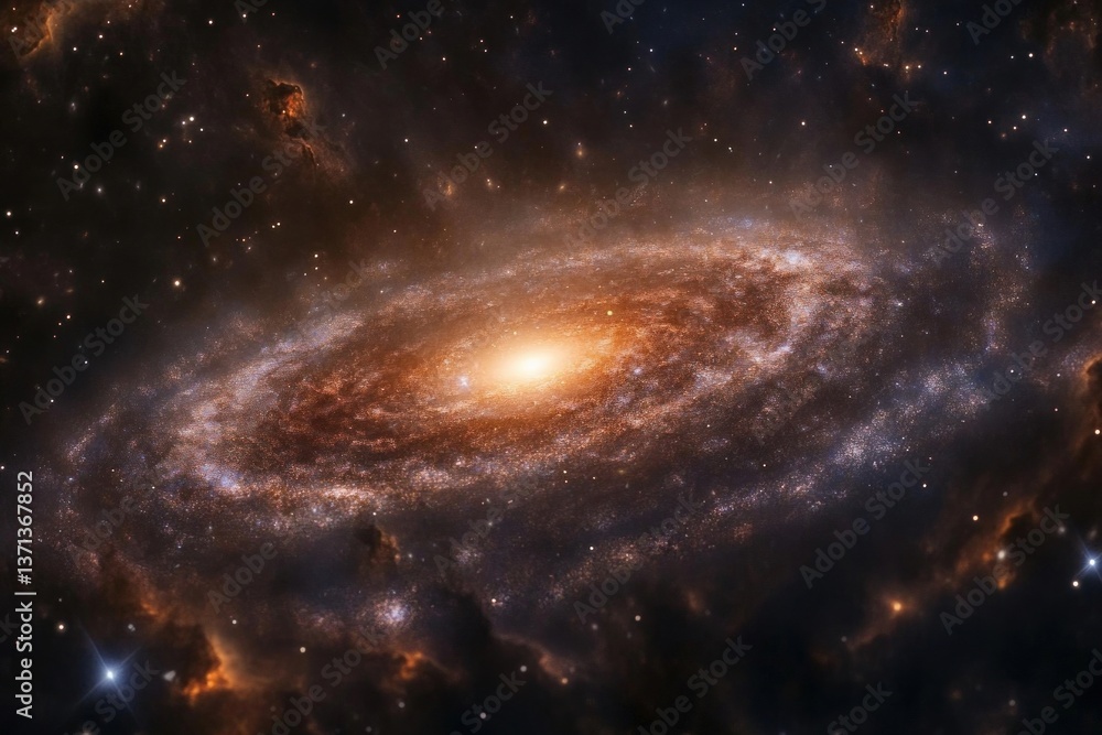 A spiral galaxy with a bright core surrounded by glowing star clusters, set against a dark space backdrop with scattered stars and some reddish-brown dust clouds A spiral galaxy with a bright core surrounded by glowing star clusters, set against a dark space backdrop with scattered stars and some reddish-brown dust clouds