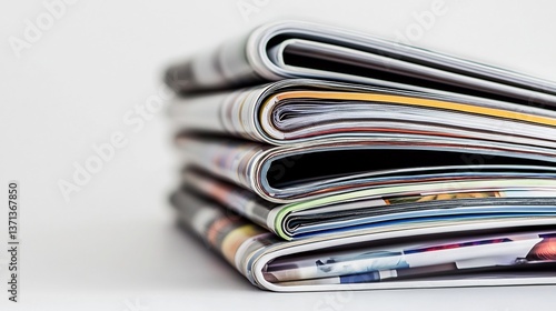 Stack of magazines or brochures resting on a surface with plain background