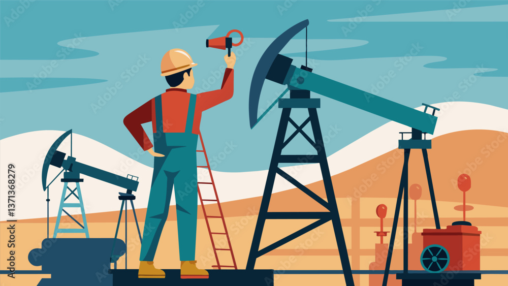 A maintenance worker standing atop an oil wells massive drilling machine checking for leaks and adjusting valves.. Vector illustration