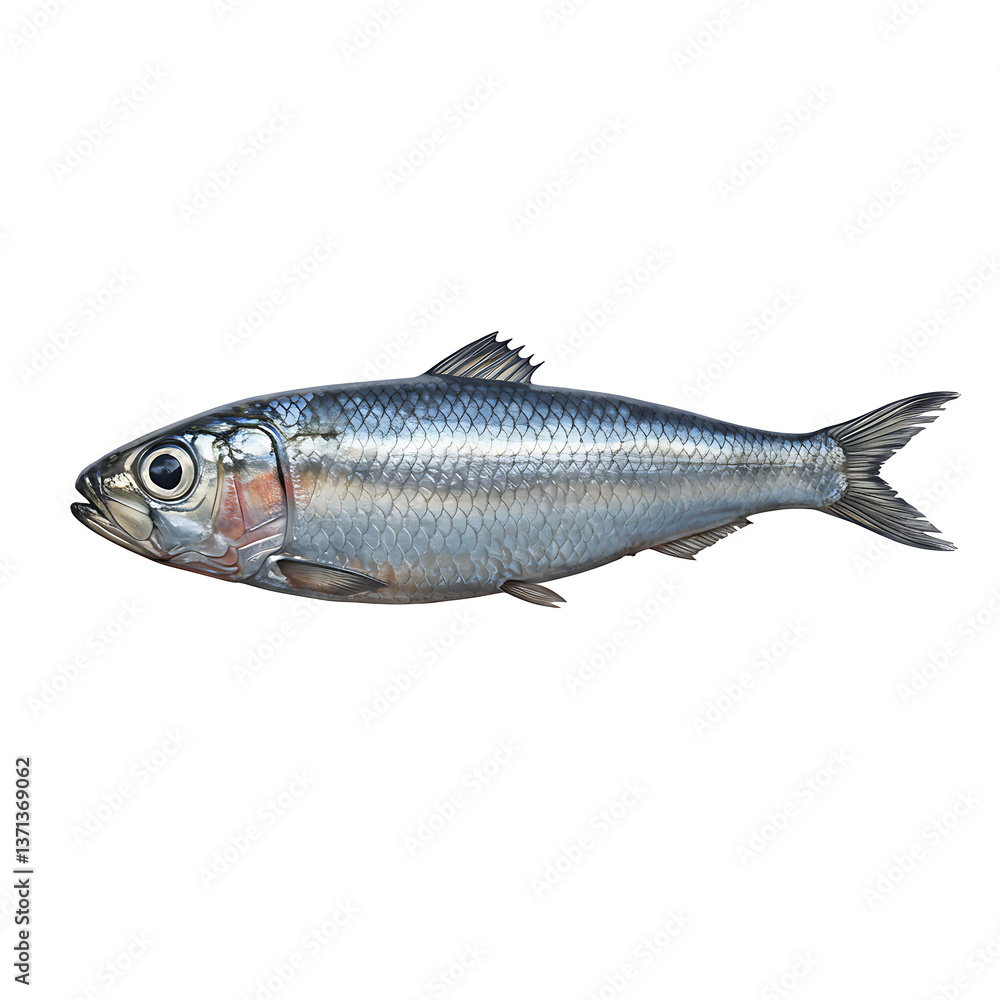Fototapeta premium Detailed Closeup of a Single Herring Fish Isolated on White Background A Stunning Study in Aquatic Life