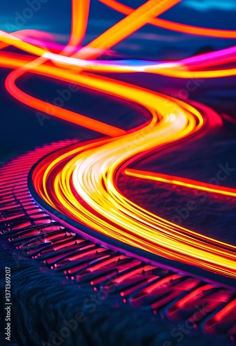 Bright luminescent lines weave and flow in an abstract formation, creating a striking visual symphony. The vivid colors blur and twist, evoking motion and energy Generative AI