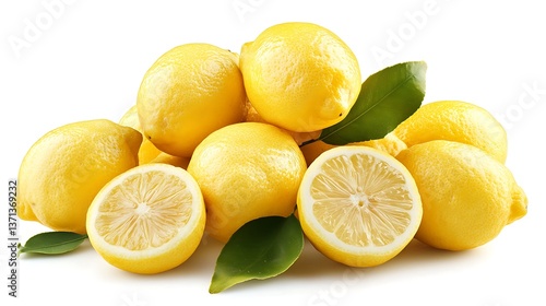 Lemons and Sliced Lemons on a White Background / 白い背景のレモンとスライスレモン