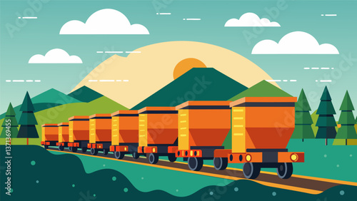 A long line of fully loaded hoppers waiting on the tracks ready to depart to their next destination and contribute to the energy supply.. Vector illustration