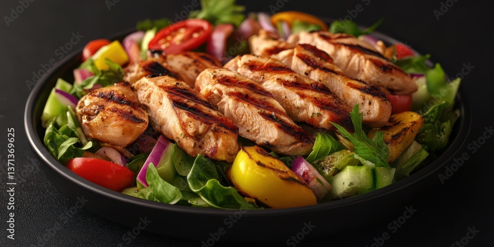 Grilled chicken salad with fresh vegetables served on a black plate Grilled chicken salad with fresh vegetables served on a black plate