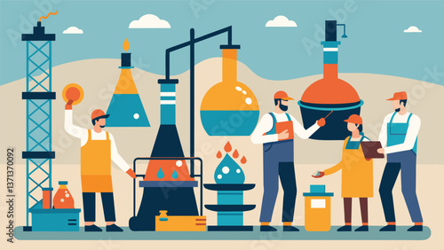 A busy oil refinery with technicians pouring and mixing various samples of crude oil in large conical flasks each labeled with its source and date.. Vector illustration