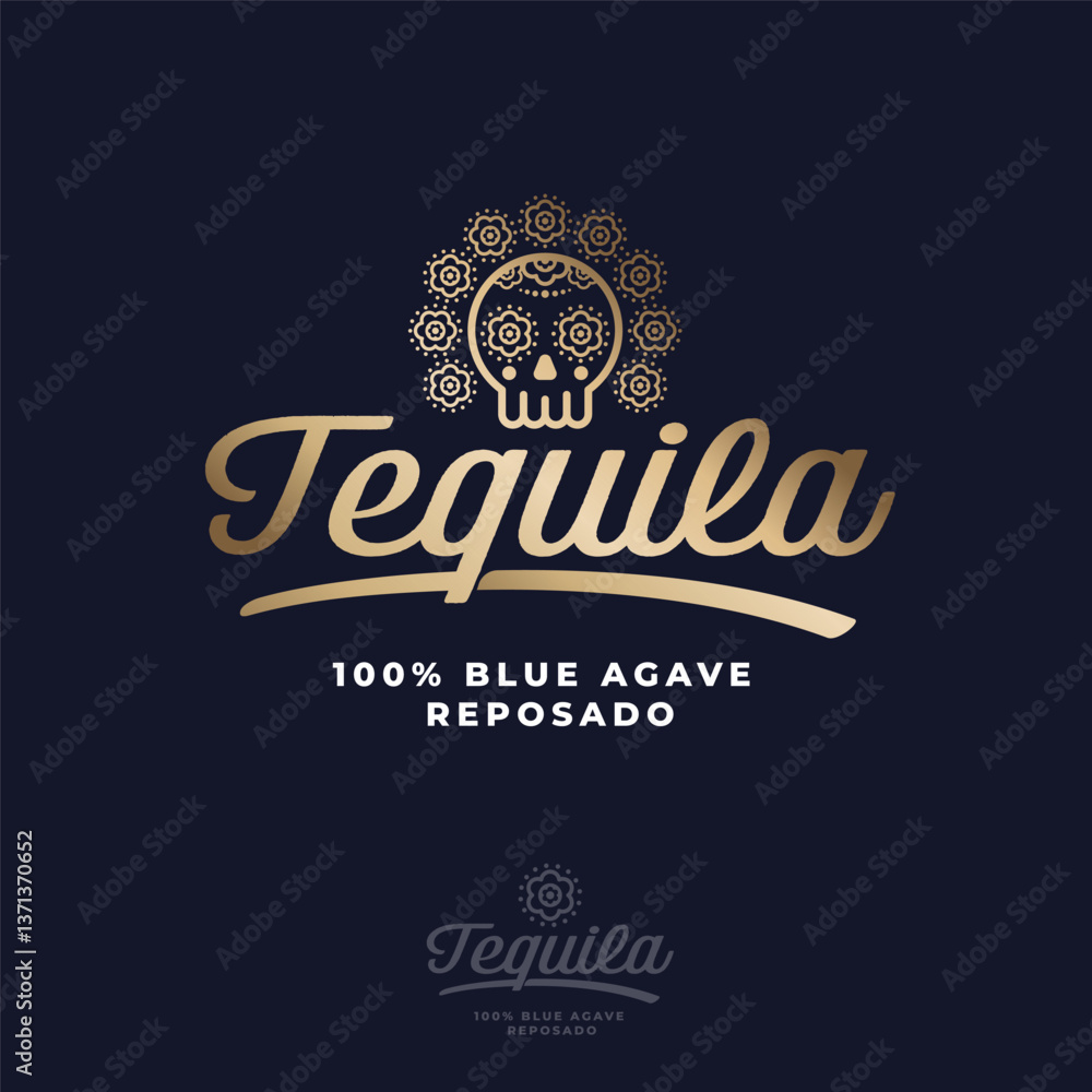 Tequila reposado logo. Emblem for the label. Beautiful gold letters and icon of skull Tequila reposado logo. Emblem for the label. Beautiful gold letters and icon of skull