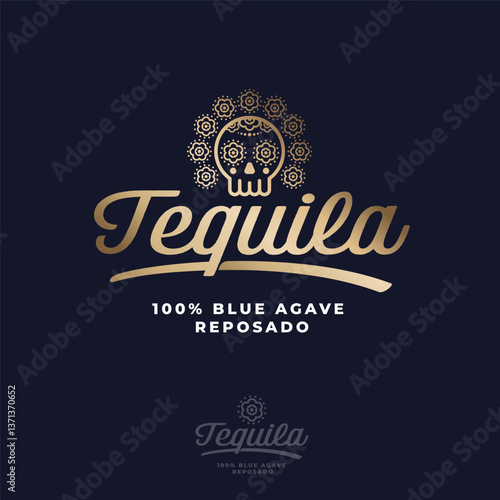 Tequila reposado logo. Emblem for the label. Beautiful gold letters and icon of skull "calavera" on a dark background.