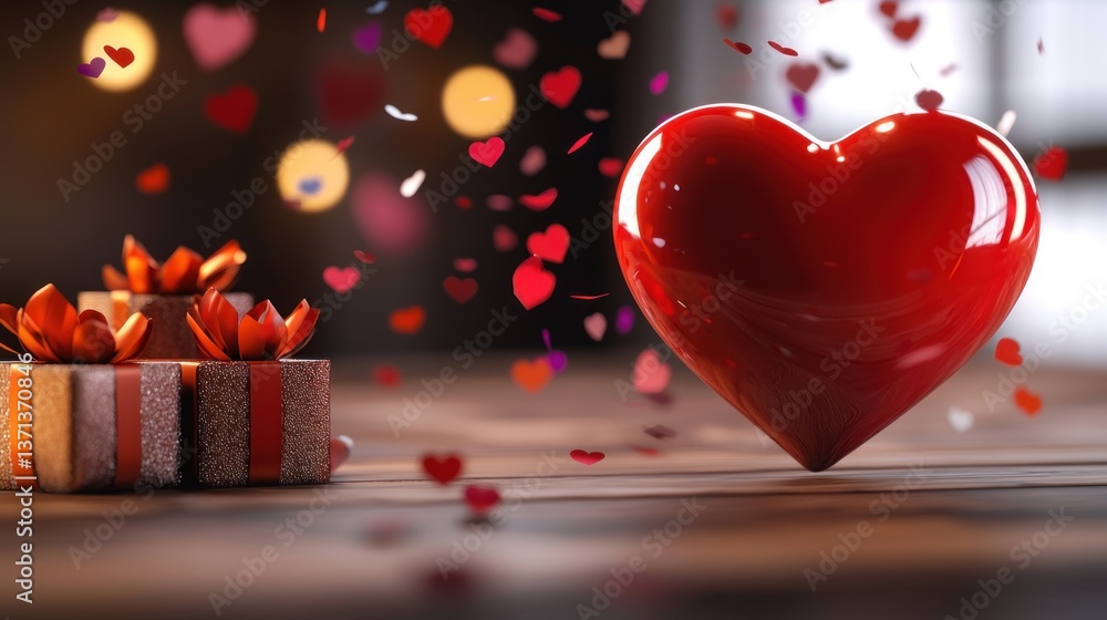 A glossy red heart surrounded by colorful confetti and gift boxes, evoking love and celebration A glossy red heart surrounded by colorful confetti and gift boxes, evoking love and celebration