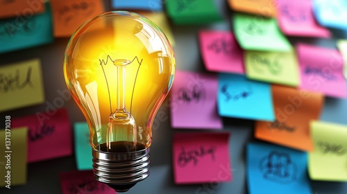 A glowing light bulb surrounded by colorful sticky notes on a gray surface, symbolizing creativity and ideas