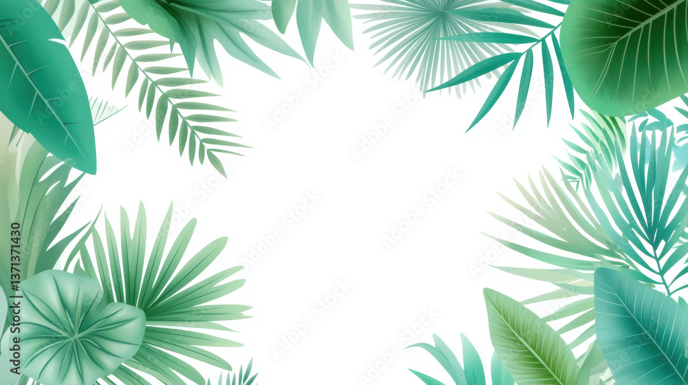 Lush tropical leaves create vibrant and refreshing border, perfect for adding natural touch to any design. varying shades of green evoke sense of tranquility and vitality Lush tropical leaves create vibrant and refreshing border, perfect for adding natural touch to any design. varying shades of green evoke sense of tranquility and vitality