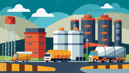 A bustling production site with massive silos and tanks holding tons of bitumen and aggregates ready to be transformed into asphalt.. Vector illustration