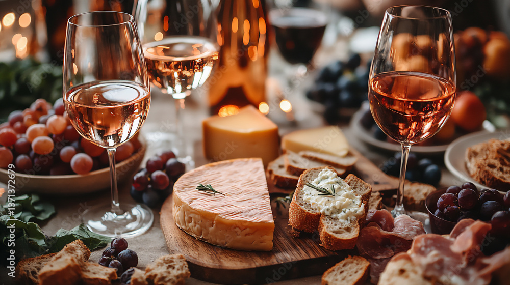 a wine tasting event, various wines, cheese and bread, people, festive atmosphere, a wine tasting event, various wines, cheese and bread, people, festive atmosphere,