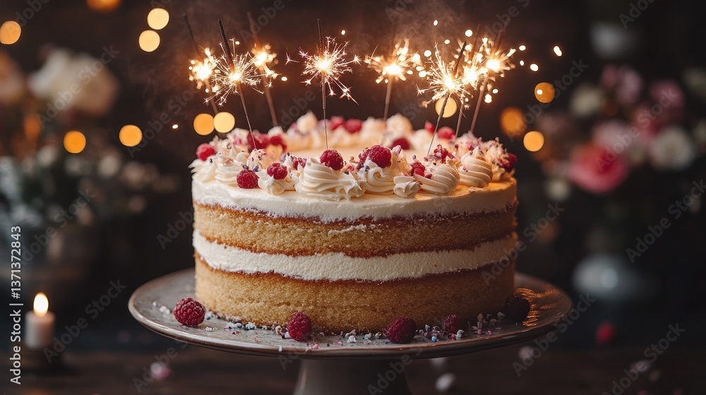 Celebration cake with sparklers, surrounded by flowers and soft lights in a festive setting Celebration cake with sparklers, surrounded by flowers and soft lights in a festive setting