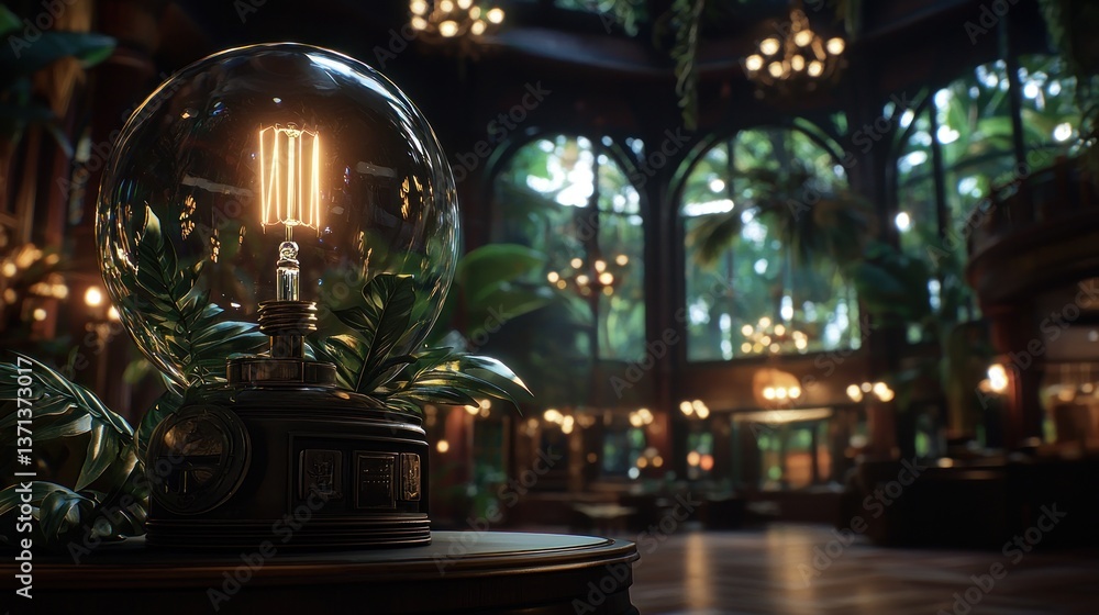 Obraz premium A beautifully designed indoor space featuring a vintage light bulb in a glass dome amidst lush greenery