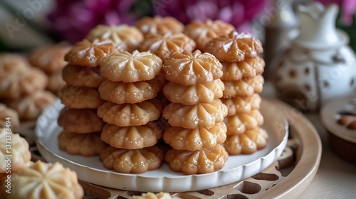 South Korean yakgwa honey cookies flower pattern stacked on white ceramic tray
