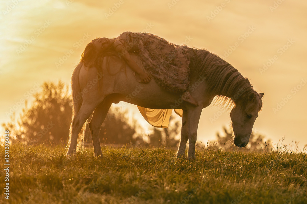 A female equestrian and her horse interacting together. Romantic freedom sunset scene