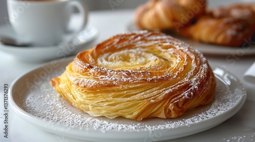 Spanish ensaimada soft spiral pastry dusted powdered sugar placed on white ceramic plate