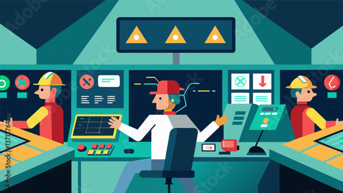 A glimpse of the control room during an emergency shutdown with alarms blaring and workers quickly taking action.. Vector illustration