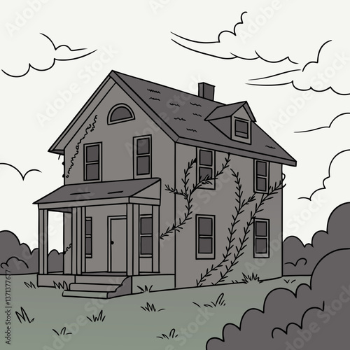 Abandoned house covered in vines under cloudy sky  