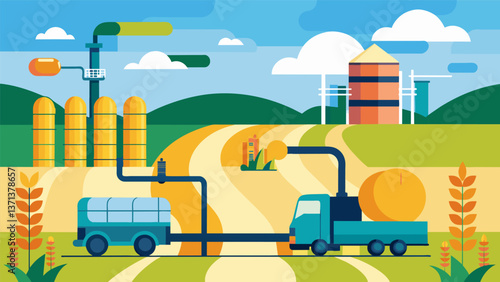 A depiction of the vast network of pipelines and storage tanks responsible for transporting and storing ethanol derived from corn.. Vector illustration