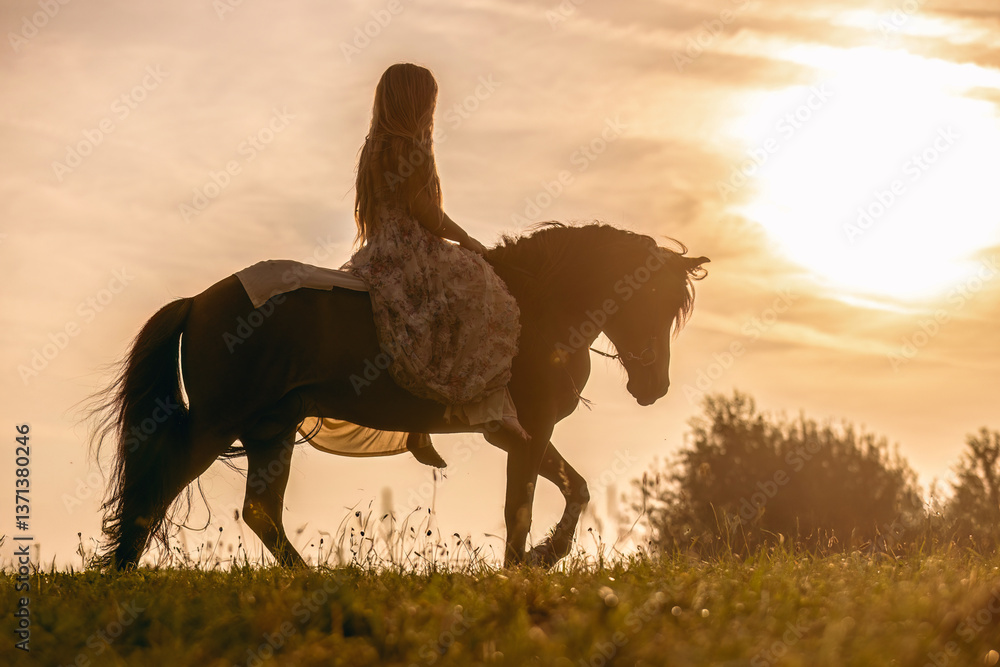A female equestrian and her horse interacting together. Romantic freedom sunset scene