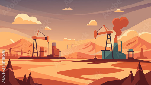 A dusty desert landscape dotted with oil pumps each one extracting crucial fossil fuels to keep energyguzzling cities running.. Vector illustration