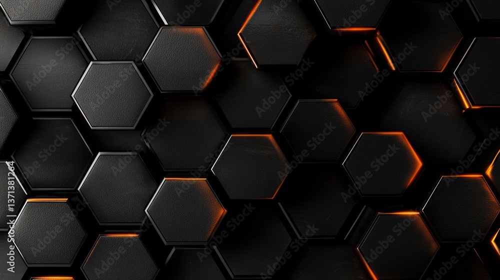 Abstract black hexagonal pattern with glowing orange edges, creating a modern tech backdrop Abstract black hexagonal pattern with glowing orange edges, creating a modern tech backdrop