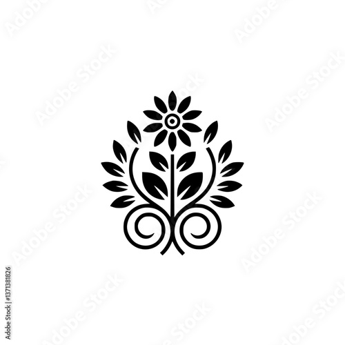 Floral Emblem: Minimalist Black and White Design on White Background