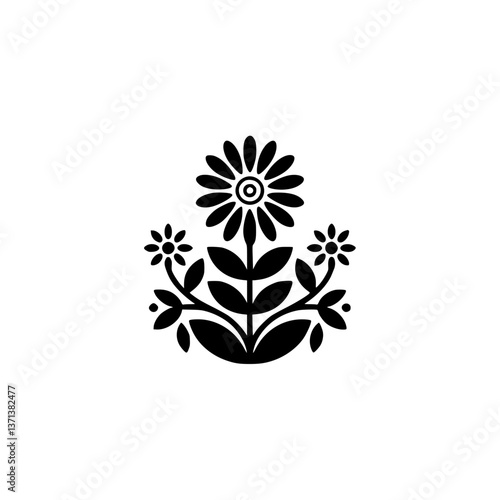 Minimalist Floral Design: Black & White Folk Art, Isolated