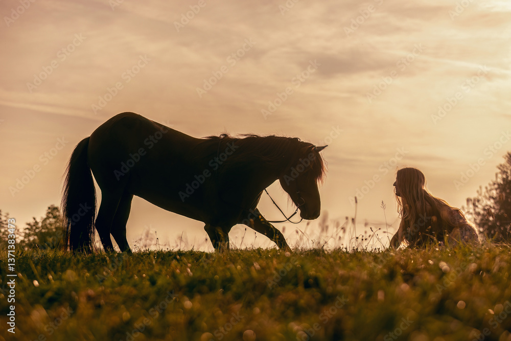 A female equestrian and her horse interacting together. Romantic freedom sunset scene