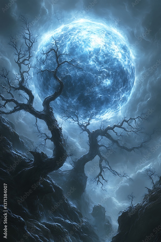 Fototapeta premium Spooky Moon Over Rocky Landscape