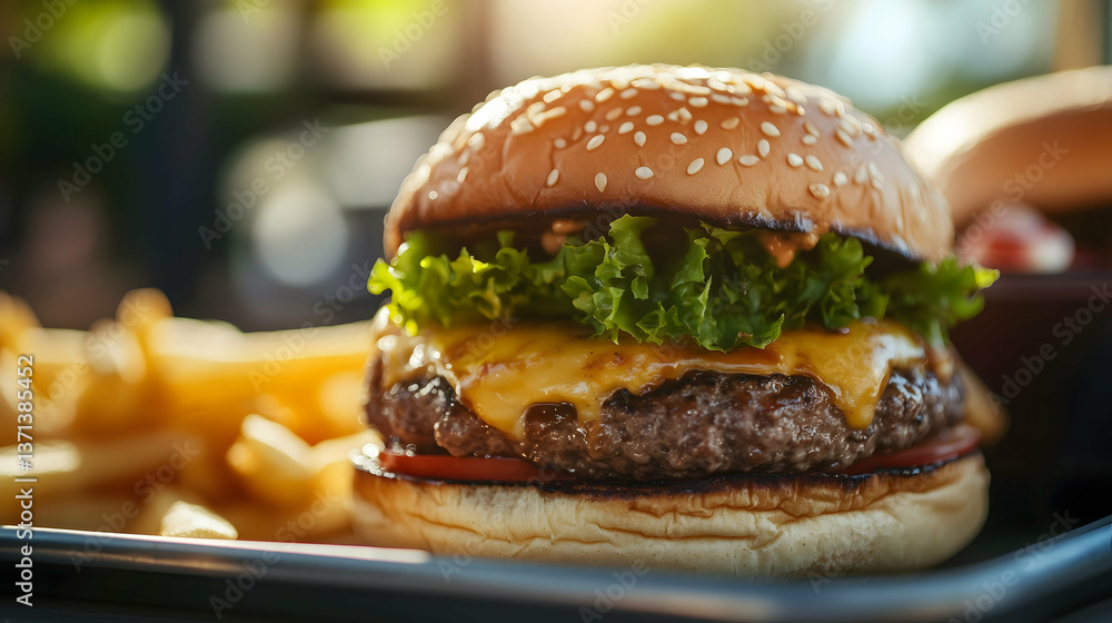 Juicy Cheeseburger with Lettuce and Fries in Natural Light