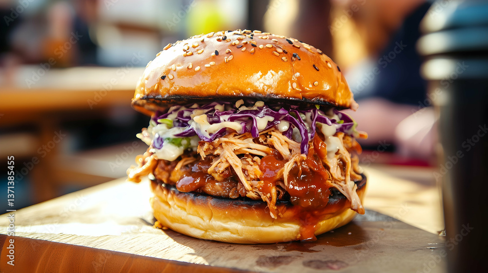 BBQ Pulled Chicken Burger with Slaw on Wooden Board
