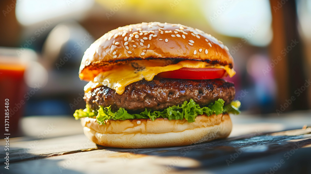 Juicy Cheeseburger with Lettuce and Tomato on Wooden Table