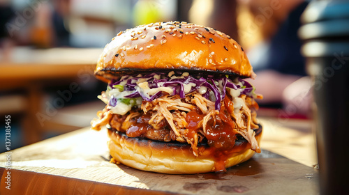 BBQ Pulled Chicken Burger with Slaw on Wooden Board