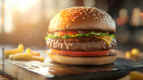 Juicy Cheeseburger with Lettuce and Tomato in Warm Light